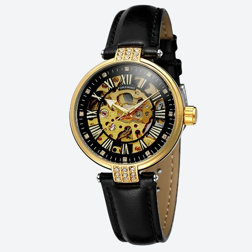 Montre Automatique Femme Cuir Diamant Squelette Style Prestige