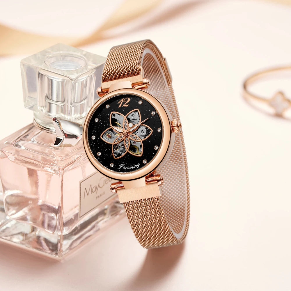 Montre Automatique Femme Squelette Floral Maille Milanaise Chic