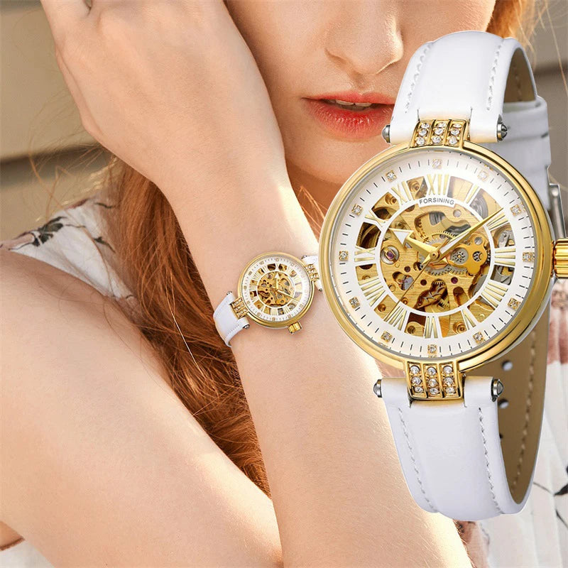 Montre Automatique Femme Cuir Diamant Squelette Style Prestige