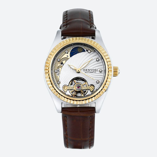 Montre automatique squelette femme bracelet cuir marron