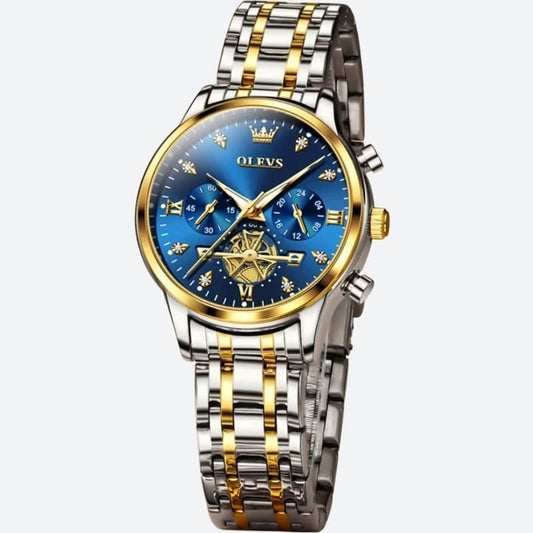 Montre Chronographe Femme Cadran Bleu Toi & Bracelet Bicolore sur fond gris