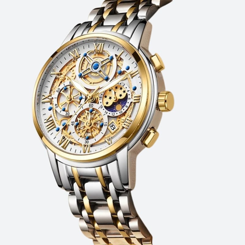 Montre Chronographe Femme Cadran Texturé & Bracelet Métallique en zoom sur le modèle argenté et doré