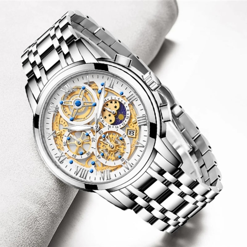 Montre Chronographe Femme Cadran Texturé & Bracelet Métallique modèle argenté incliné