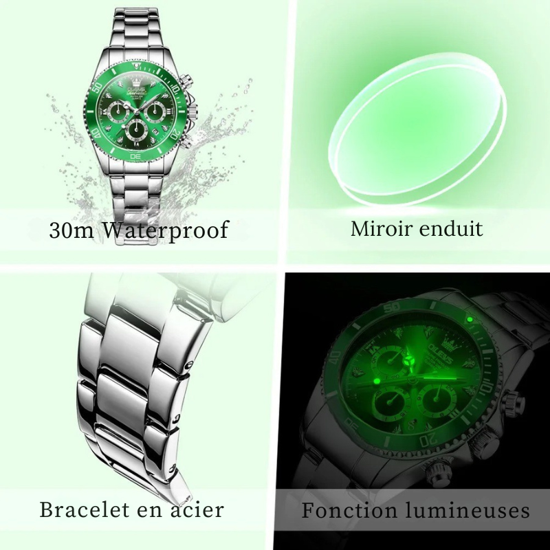 Montre Chronographe Femme Cadran Vert Impérial & Acier Miroir