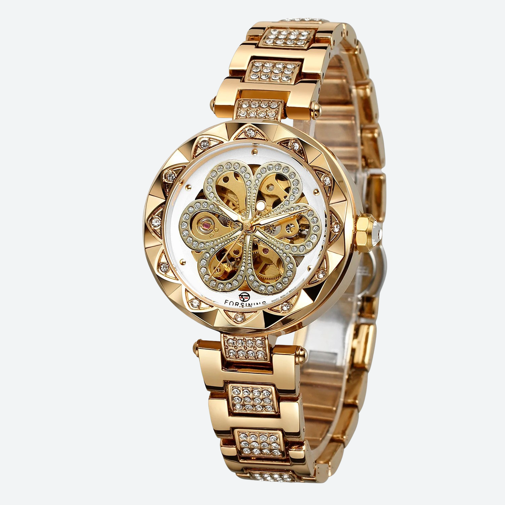 Montre Mécanique Femme Squelette Diamant Éclat Doré