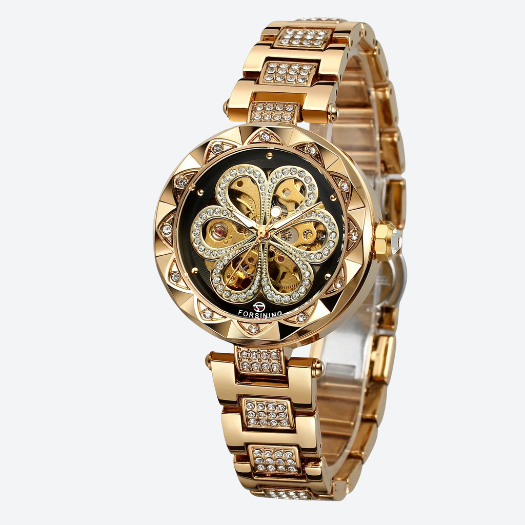 Montre Mécanique Femme Squelette Diamant Éclat Doré