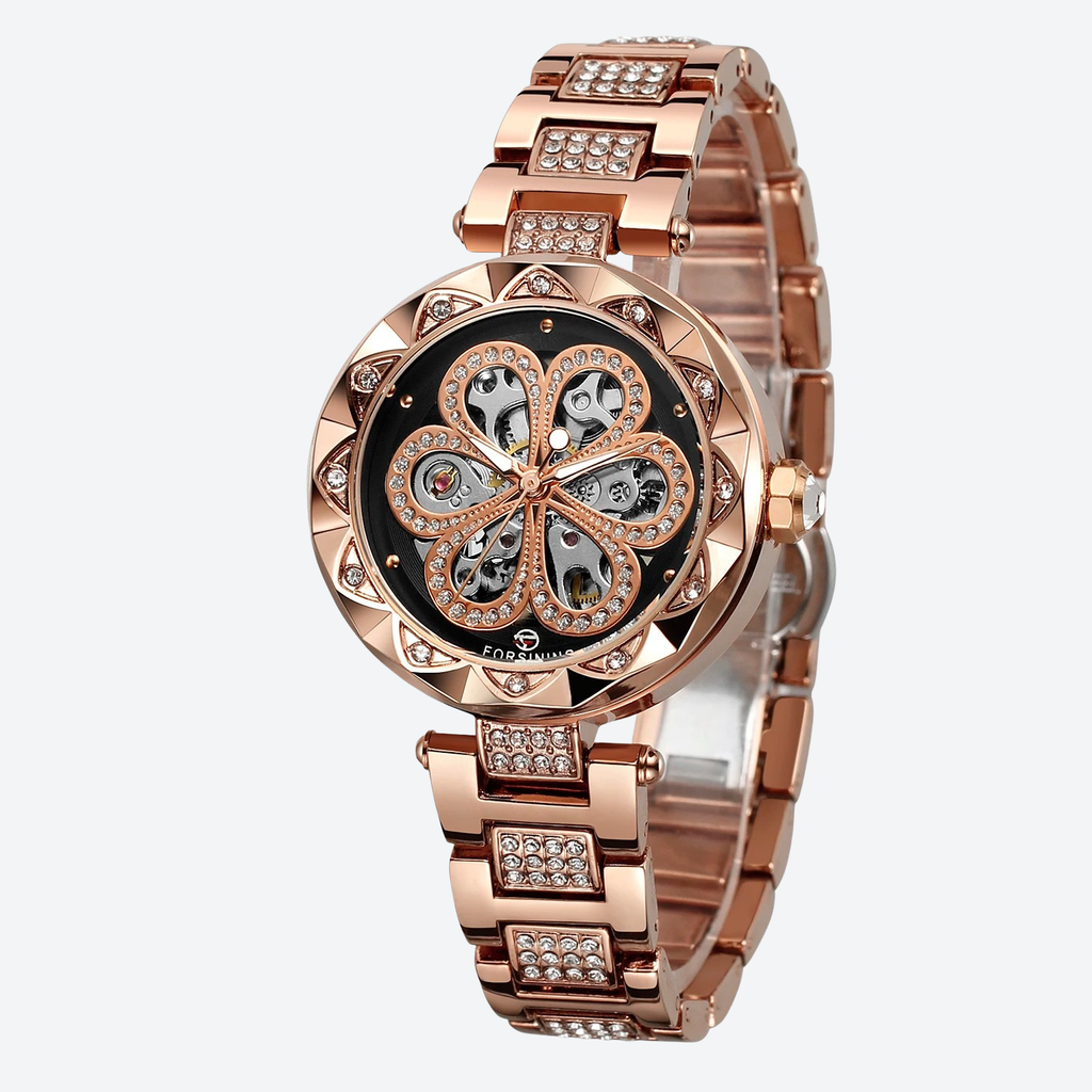 Montre Mécanique Femme Squelette Diamant Éclat Doré