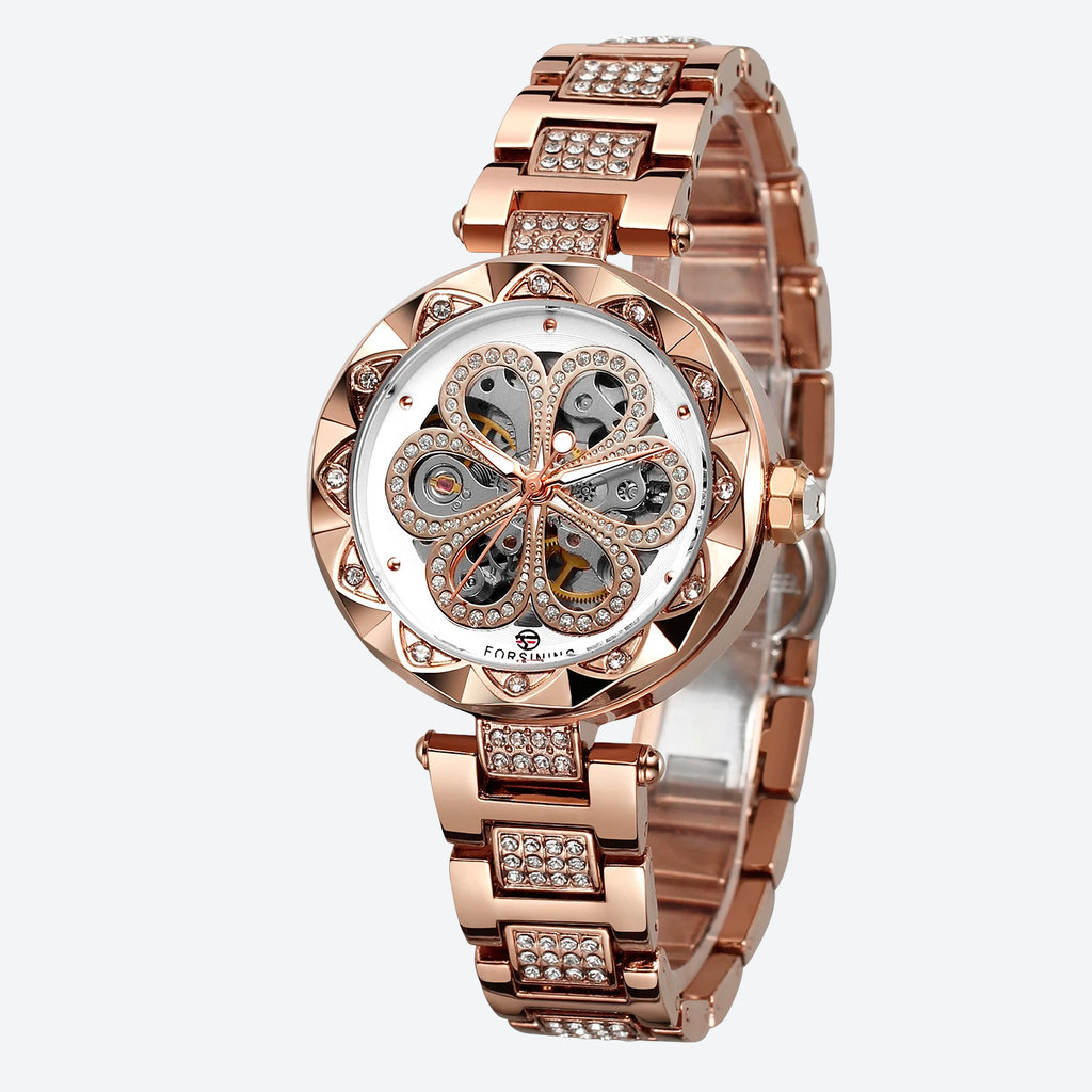 Montre Mécanique Femme Squelette Diamant Éclat Doré