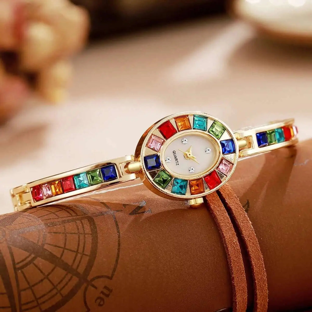 Montre Luxe Quartz Femme Bijou Cristaux Colorés Style Éclat