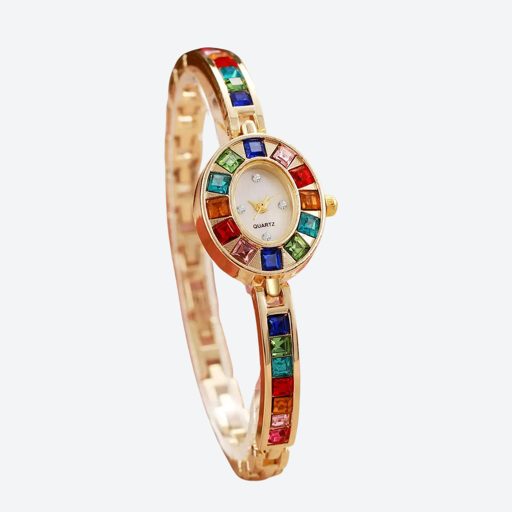 Montre Luxe Quartz Femme Bijou Cristaux Colorés Style Éclat