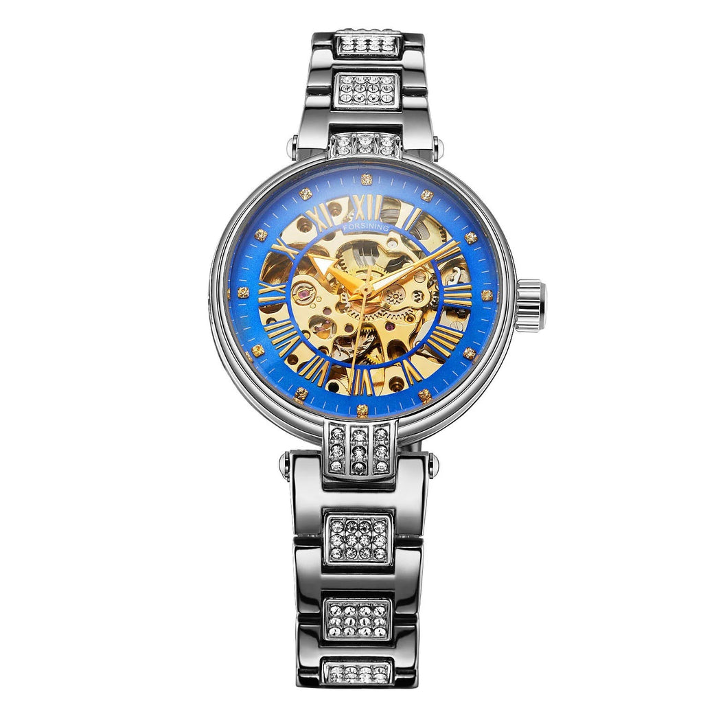 Montre squelette automatique femme Argent et Bleu