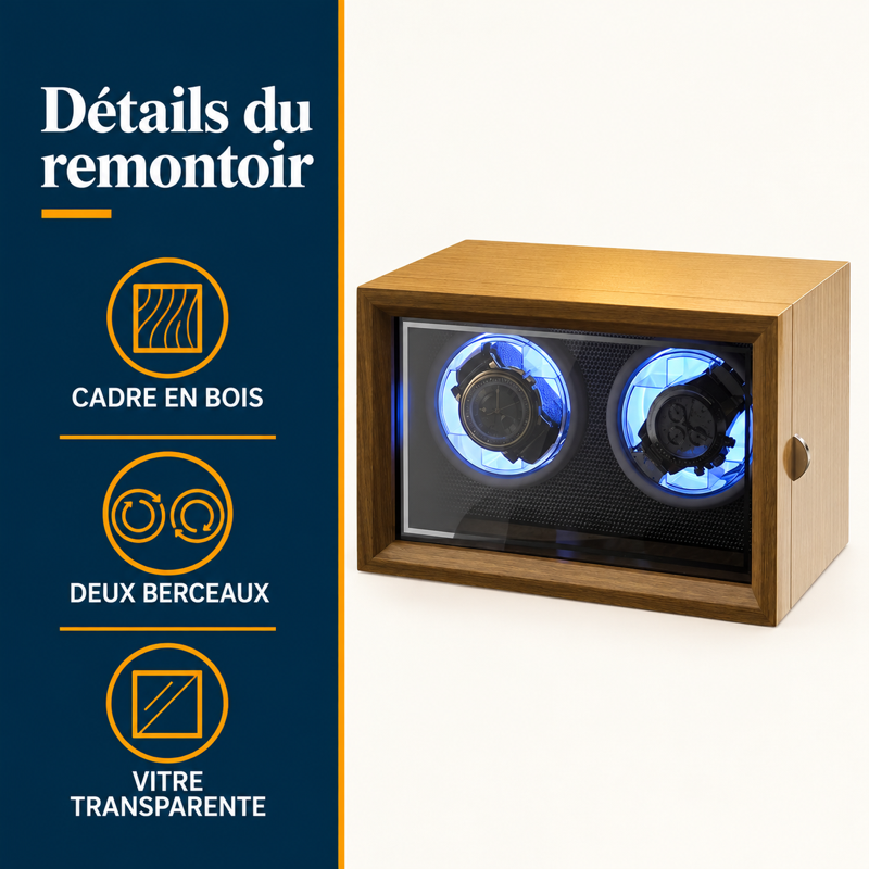 Remontoir automatique bois et LED : détails techniques