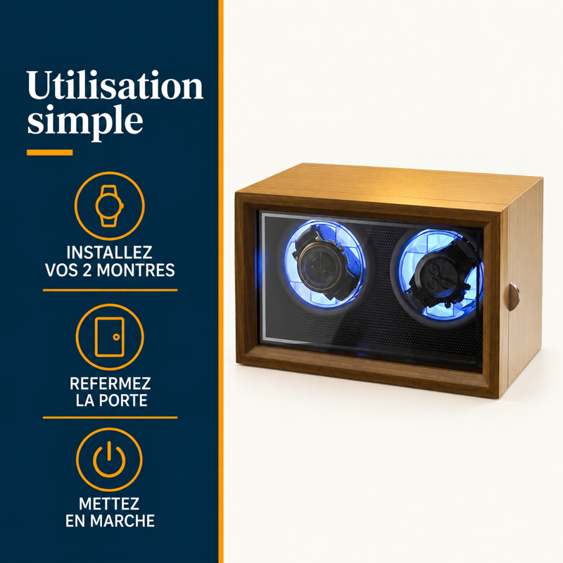 Remontoir automatique bois et LED : utilisation en trois étapes
