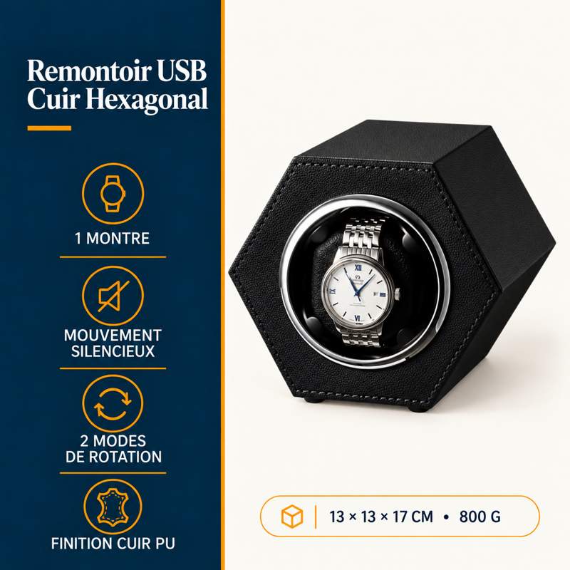 Remontoir automatique USB en cuir hexagonal : présentation principale