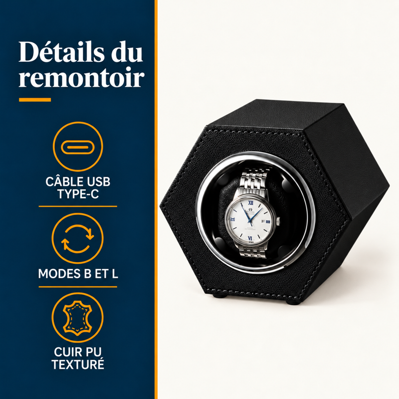 Remontoir automatique USB en cuir hexagonal : détails techniques