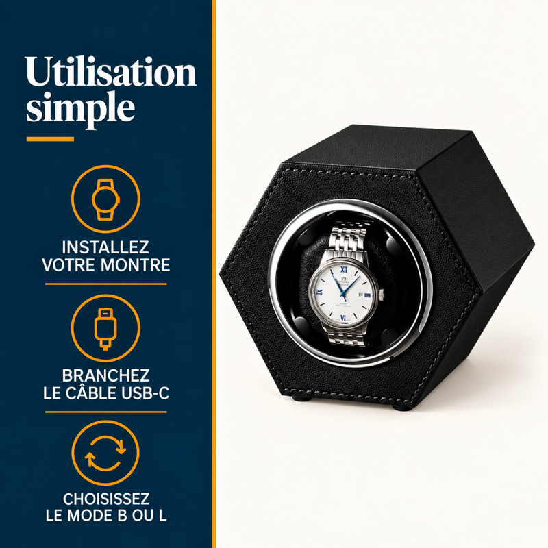 Remontoir automatique USB en cuir hexagonal : utilisation en trois étapes